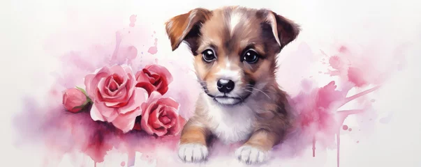 Fotobehang Valentine card with cute puppy. Funny dog illustration for Valentine's Day with hearts and flowers © Irina Beloglazova