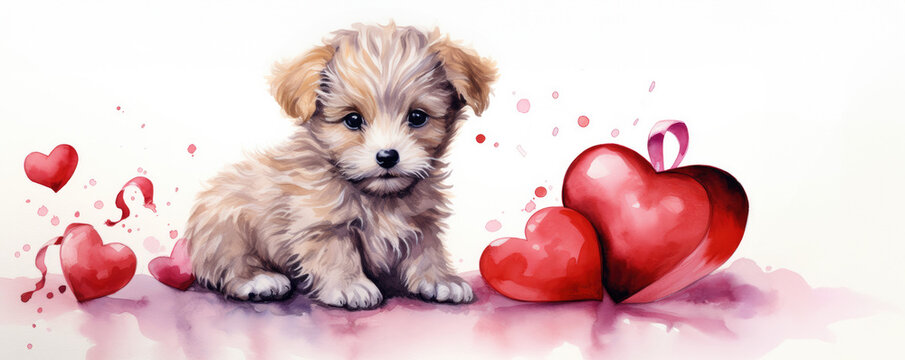 Valentine card with cute puppy. Funny dog illustration for Valentine's Day with hearts and flowers