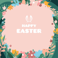 Happy Easter header. Square banner with flowers and leaves. Voucher template with plants. Frame in bright colors. Place for text. Can be used as a postcard or invitation to an event.