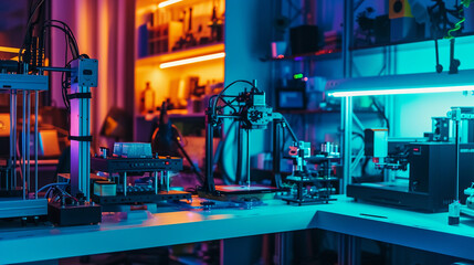 high-tech home workshop with 3D printers and various gadgets, showcasing an inventor's side hustle in creating innovative tech products, under the glow of LED lights - obrazy, fototapety, plakaty