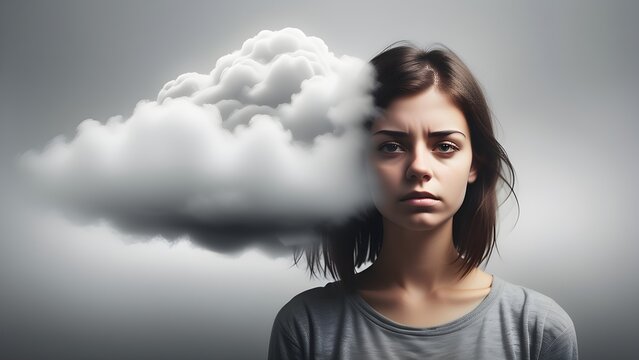 Young woman with fog and clouds in her head. Concepts related to depression, solitude, and mental well-being. Psychology theme. Generative AI.