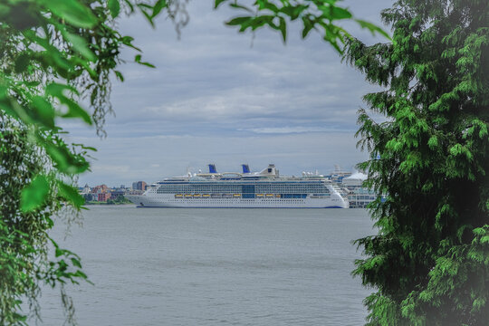 Family cruiseship cruise ship liner Serenade sail awy departure from Vancouver, Canada onto Alaska cruise