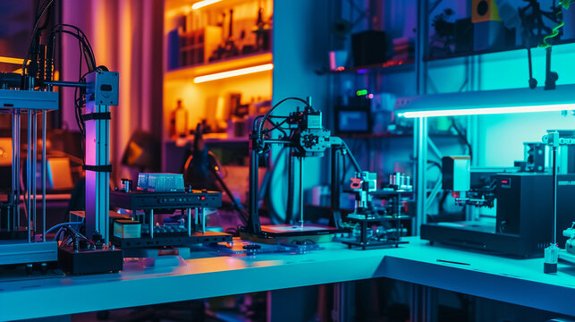 high-tech home workshop with 3D printers and various gadgets, showcasing an inventor's side hustle in creating innovative tech products, under the glow of LED lights