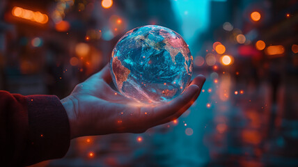 Fototapeta premium Digital world sphere on the hand