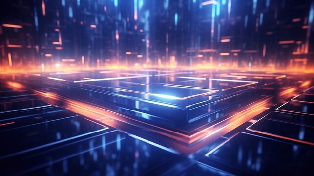 3d rendering abstract 3D shapes and a holographic touch futuristic environment. Technology industry neon background