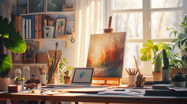 artist's studio brimming with creative side hustles, including canvas paintings, digital art on a tablet, and sculpting tools, all illuminated by soft, natural sunlight