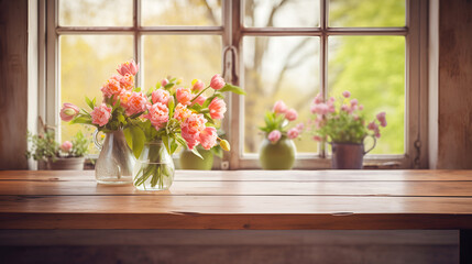 Fototapeta na wymiar Empty brown wooden tabletop on a blurred kitchen background with a window in the spring sun, a vase with a bouquet of pink tulips. for demonstration or installation of your products.