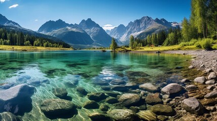 Amazing alpine lake landscape with crystal clear green water and perfect blue sky. Panoramic view of beautiful mountain landscape in the Alps with lake