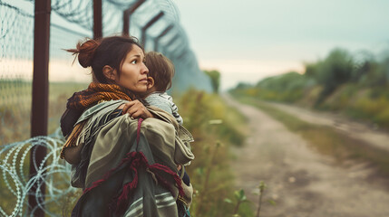 A Latin American woman holds a child in her arms, an illegal immigrant stands against the backdrop of barbed wire on the border between Mexico and America. emigration crisis in America and Texas - obrazy, fototapety, plakaty