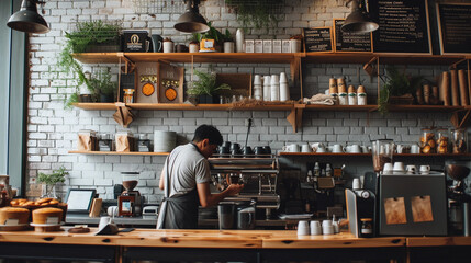 bustling coffee shop interior where a barista is crafting artisanal coffees, alongside a display of home-baked goods, symbolizing a passionate side hustle in the culinary arts - obrazy, fototapety, plakaty