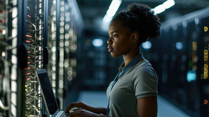 Focused IT professional using a laptop while standing in a server room with racks of network equipment illuminated by blue lights