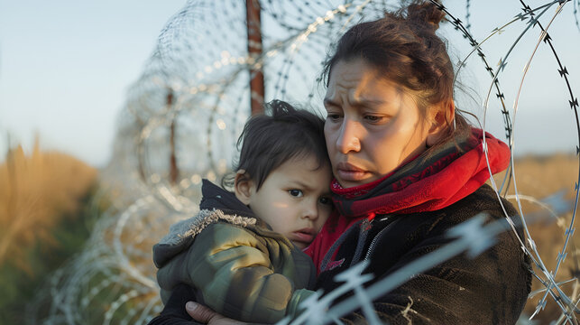 A Latin American woman holds a child in her arms, an illegal immigrant stands against the backdrop of barbed wire on the border between Mexico and America. emigration crisis in America and Texas