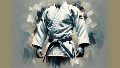 a judo uniform in a modern artwork style with abstract paint strokes