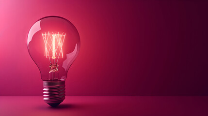 Light bulb on purple background with copy space. Glowing light bulb symbol of new idea, inspiration, innovation, solution, creativity concept. Design for banner, card, poster, ads.