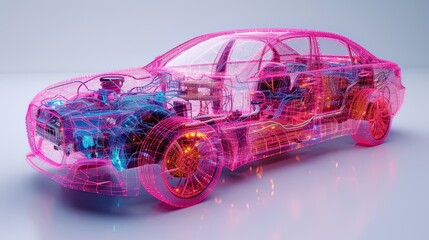 Naklejka premium 3D illustration, mesh of a modern car, showing the network inside.