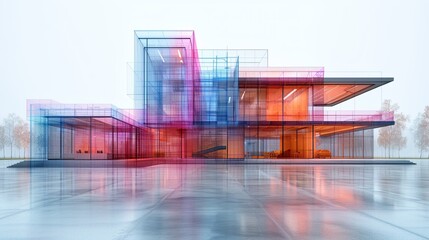 3D mesh of a modern building, blueprint graphic design.