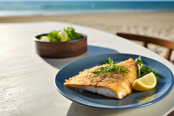 A fried fish on a plate in a restaurant by the sea