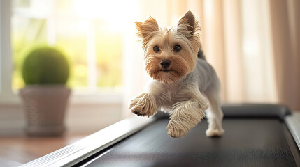 A cheerful dog running on a treadmill in the background of an apartment. Generated AI