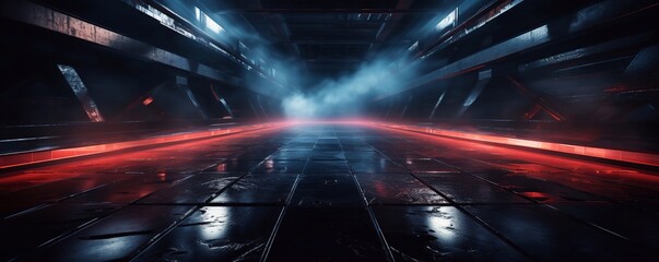 Dark empty space, blue and red neon spotlight, wet asphalt, smoke, night view industrial, rays....