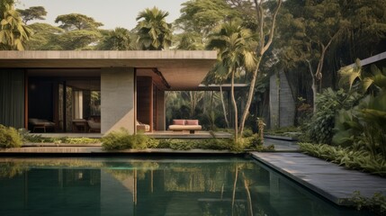 Pool villa with luxury lush landscaping, buildings to be stone , the setting is tropical.