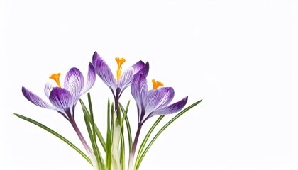 Spring crocus flowers isolated on white background with copy space for your text