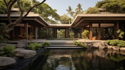 Pool villa with luxury lush landscaping, buildings to be stone , the setting is tropical. - obrazy, fototapety, plakaty