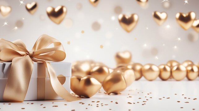 empty white background with a lot of free copy space and white day heart and gold gift, luxury, golden ribbon, bokeh, birthday gift, fancy present, candles and baloons