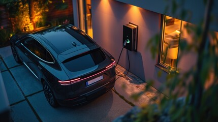 Generic electric vehicle hybrid car is being charged from a wallbox on a contemporary modern...