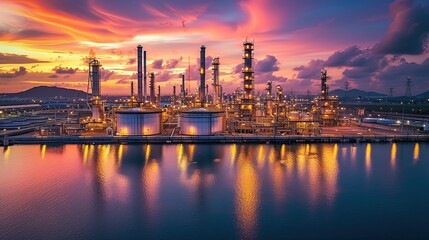 Naklejka premium View of an oil refinery at sunset.