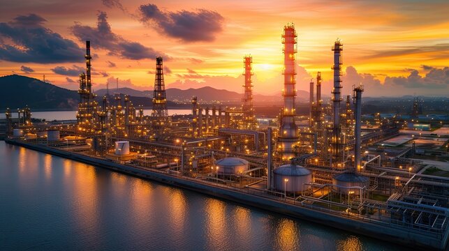 View of an oil refinery at sunset.
