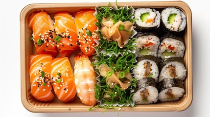 Top view, sushi assortment ready to eat inside a box.