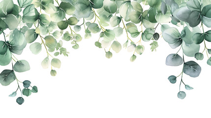 illustration of a natural watercolor background with green eucalyptus branches, in the style of floral, dark white and light aquamarine, decorative borders, wiesław wałkuski, white background - obrazy, fototapety, plakaty