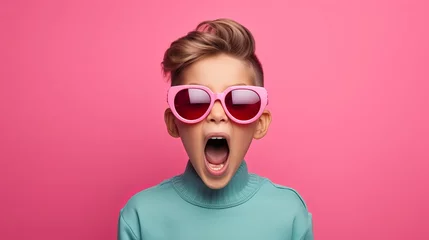Fotobehang A boy wearing glasses opened his mouth and shouted on pink background. © STKS