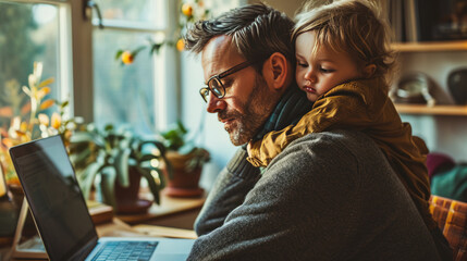 Father working from home with his child near his shoulder - obrazy, fototapety, plakaty