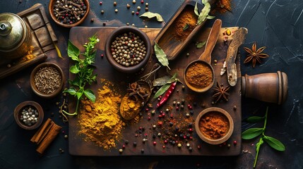 Colorful collection spices and herbs on background black table. Mediterranean condiments for...