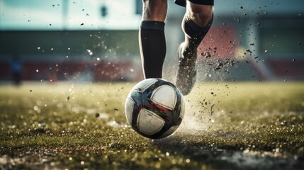Close up of legs kicks a football on the soccer field. - obrazy, fototapety, plakaty