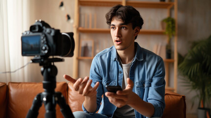 Young man is recording himself with a digital camera on a tripod, seemingly engaged in a lively discussion or presentation.