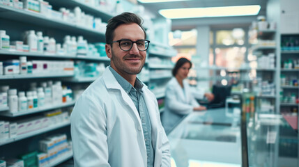 Fototapeta premium Male pharmacist is smiling at the camera with a pharmacy shelf in the background, and a colleague is slightly out of focus behind him.