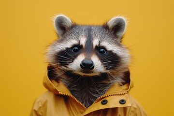 smile beautiful raccoon wearing a raincoat, photo on a yellow background