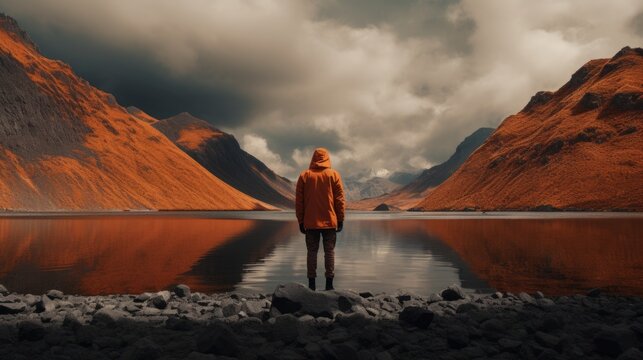 Man standing on the edge of a lake, in the style of calming symmetry, depictions of inclement weather, orange and maroon.