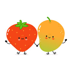 Mango and Strawberry card. Vector hand drawn doodle style cartoon character illustration icon design. Happy Mango and  Strawberry friends concept card