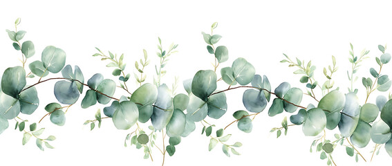 illustration of a natural watercolor background with green eucalyptus branches, in the style of floral, dark white and light aquamarine, decorative borders, wiesław wałkuski, white background