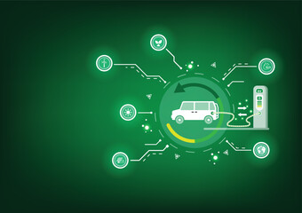 The image showcases an eco-friendly transportation with a cartoon-style truck and various transportation symbols, set against a vibrant background designed in a vector style, Electric Vehicle on green