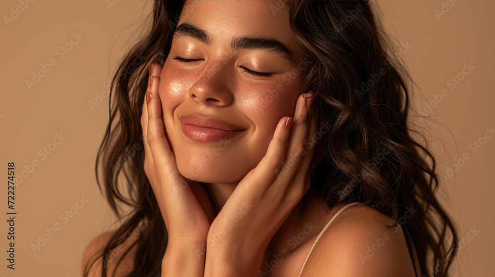 Wall mural Smiling woman with a hand gently touching her face, displaying clear skin and a joyful expression.