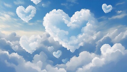 Naklejka na ściany i meble Blue sky background with white clouds in the shape of a heart.