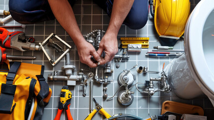 Plumber at work, fitting pipes on a bathroom floor with various plumbing tools