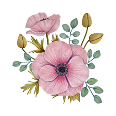 Composition with pink anemone flowers and eucalyptus branches.Watercolor and marker illustration.Bouquet for greeting cards, wedding invitations, birthdays. Hand drawn isolated art