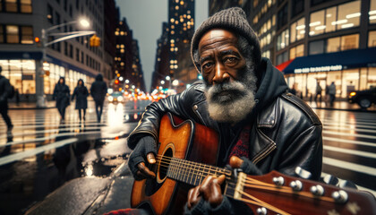 Obraz premium A Older African American man playing the guitar. Busking on the streets of New York City.
