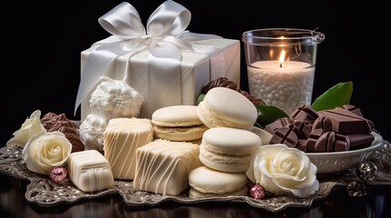 empty background with a lot of free copy space and romantic White day gifts: white chocolate, marshmallows.