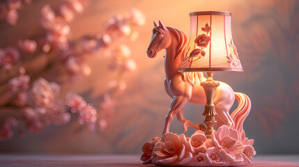 beautiful side lamp home decorative nightstand light in rose gold color and floral pattern horse sculpture figurine art piece as wide banner home decor interior design, generative ai - obrazy, fototapety, plakaty